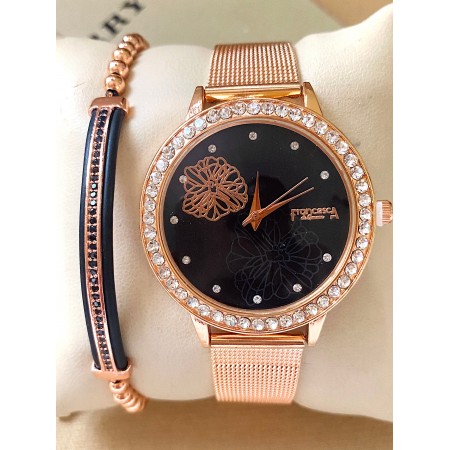 Ceas dama roze cu bratara metalica si cadran negru cu floare